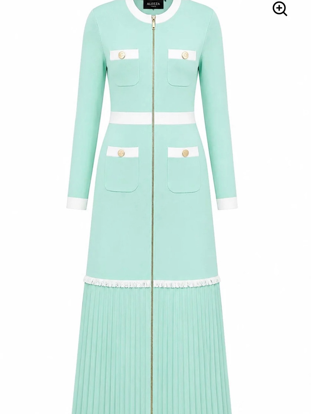 Aleeza Paris  Jelly Mint Long-Sleeve Pleated Maxi Dress with Gold Buttons